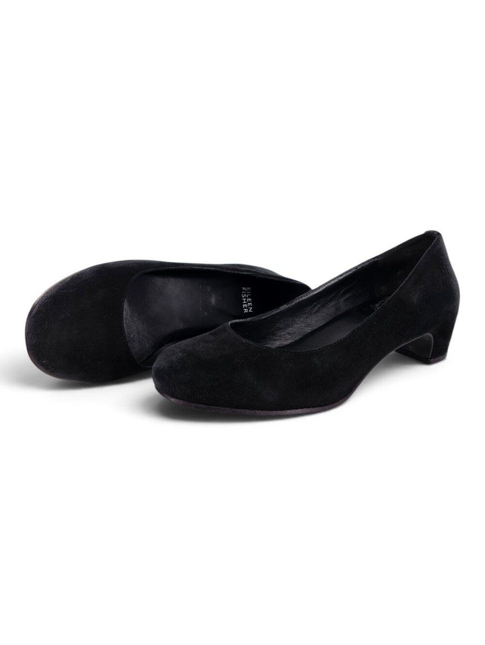 Eileen Fisher Neat Black Suede Round-Toe Low Block Heel Slip-On Pumps - Picture 2 of 14